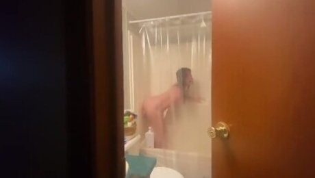 Teen redhead riding dildo in shower home alone